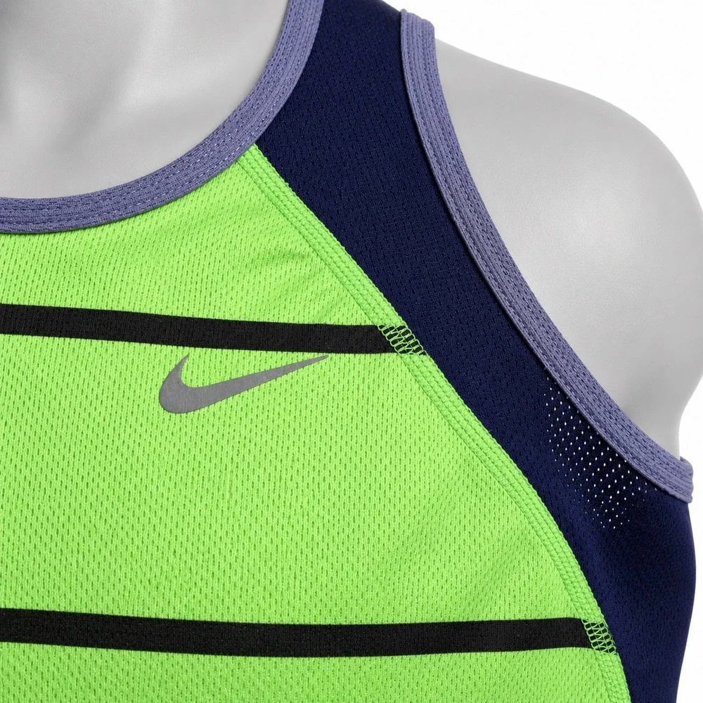 Nike Dri-FIT Racerback Tank Top Lime Green Black Striped Navy Blue Small